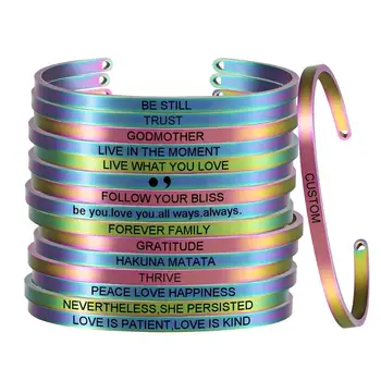 

10pcs/lot 4mm Cuff BangleCustom Mantra Positive Text Rainbow Color Statement Bracelet Bangles for Women Jewelry Gift SL-094*10