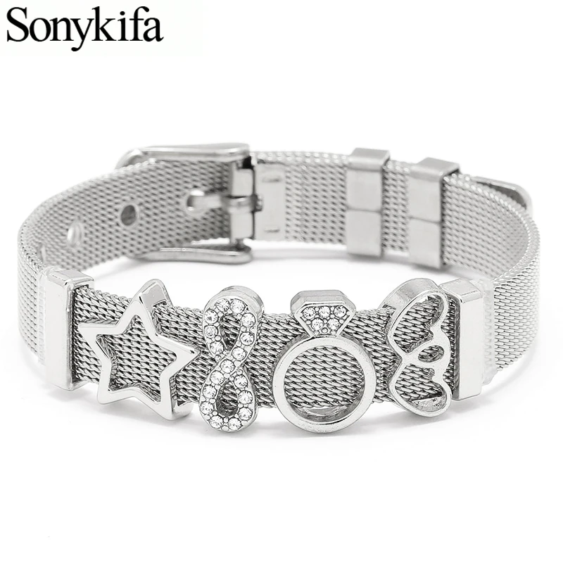 

Silver Color Stainless Steel Mesh Bracelet Set Bangles Five Star Charm Pandoro Bracelets For Woman Jewelry Gifts Dropshipping