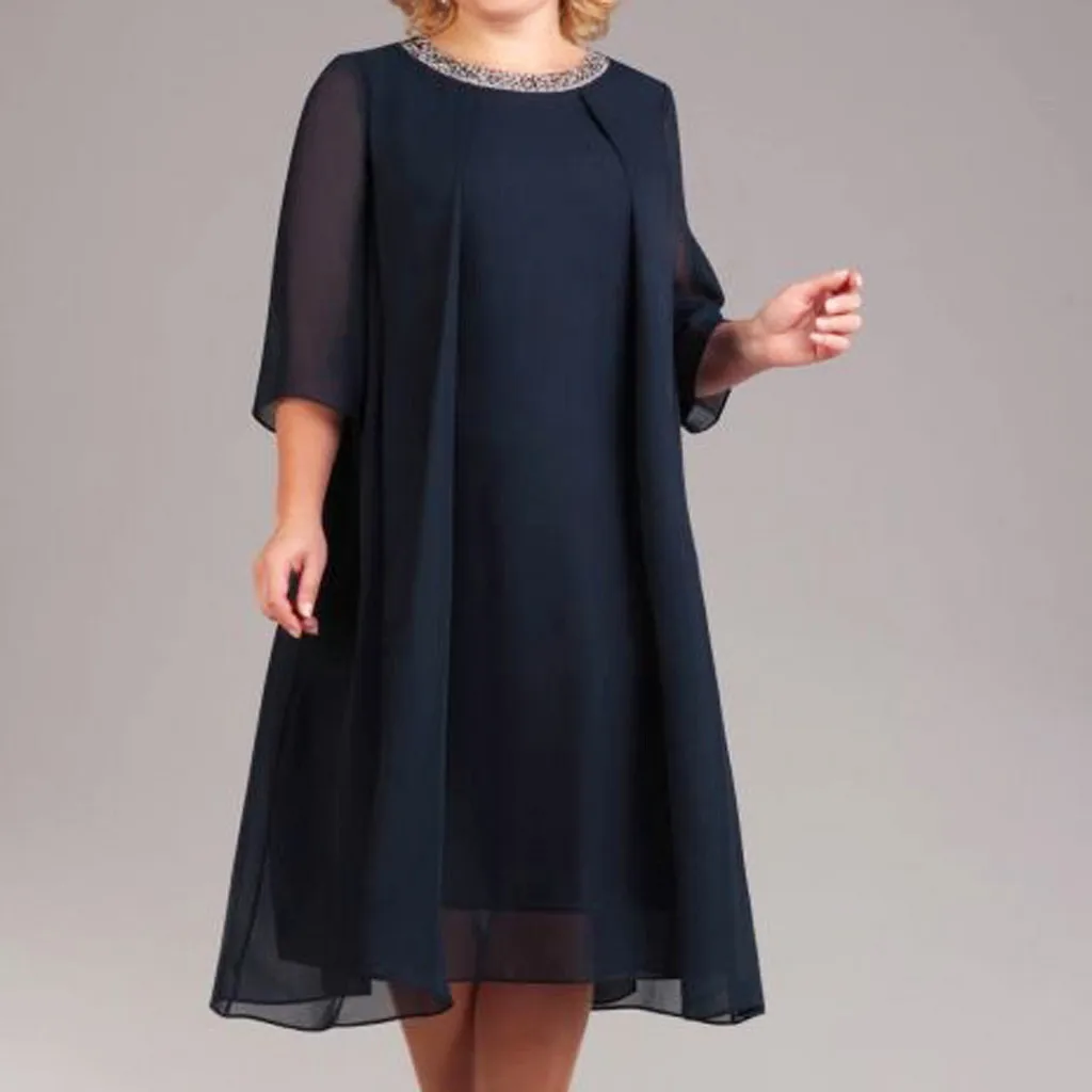 Casual Women's Loose Dress Plus Size Three Quarter Sleeve Round Neck Mid Calf Vestidos Comfortable Chiffon For Your Mom OY41*