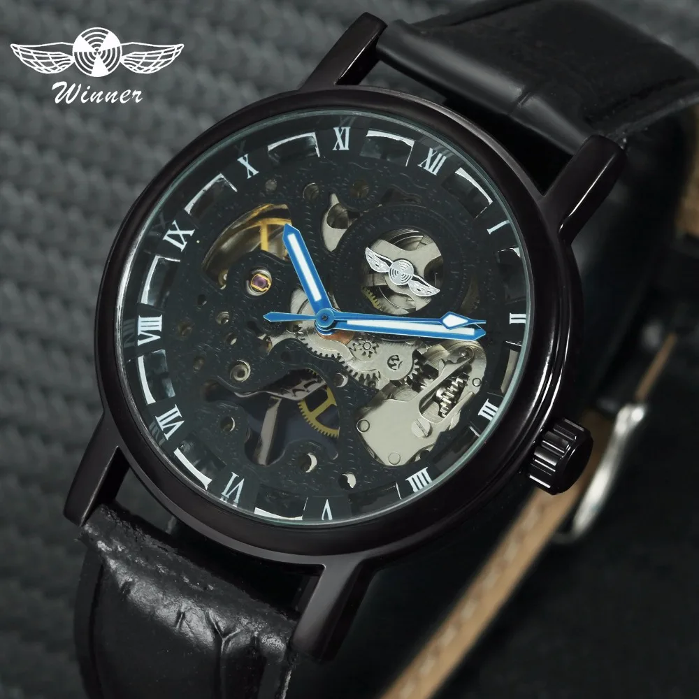 

WINNER Fashion Casual Mechanical Watch Men Leather Strap Skeleton Dial Luminous Hands Top Brand Luxury Sports Wristwatches 2018