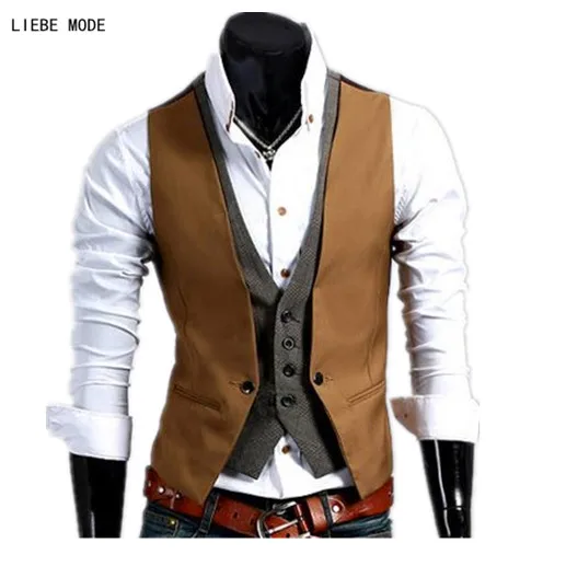 Faux Two Pieces Mens Formal Work Sleeveless Jacket Men Slim Fit Cheap