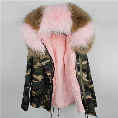 Розовая Зимняя женская куртка из натурального меха, Женская парка, Настоящая Натуральная подкладка из кроличьего меха Рекс, Воротник из меха енота с капюшоном - Цвет: Color 12