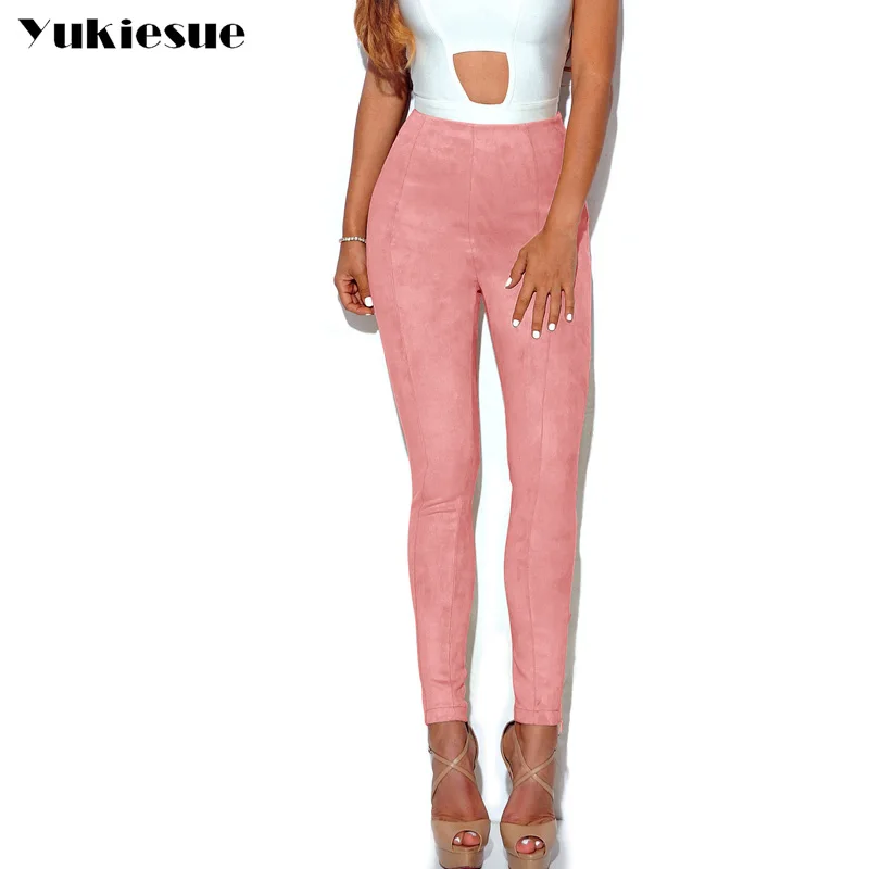 

2017 Fashion Women Suede Leather Leggings high Waist Women Trousers Retro Capri Leather pencil Pants female pantalon femme mujer