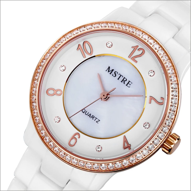 

Brand Deluxe Women's Analog Watch Japan Quartz Rhinestone Ceramic Band/Case Sapphire Crystal Wristwatch 3ATM Water Resistance