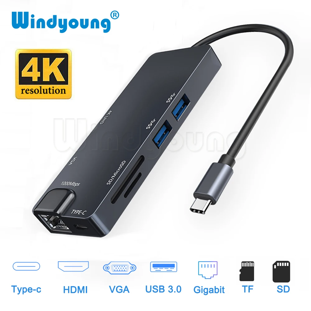 USB-C type C концентратор USB 3,0 HDMI 4K RJ45 Gigabit Ethernet VGA SD TF кард-ридер для Macbook Pro huawei P20 pro адаптер USB-C концентратор