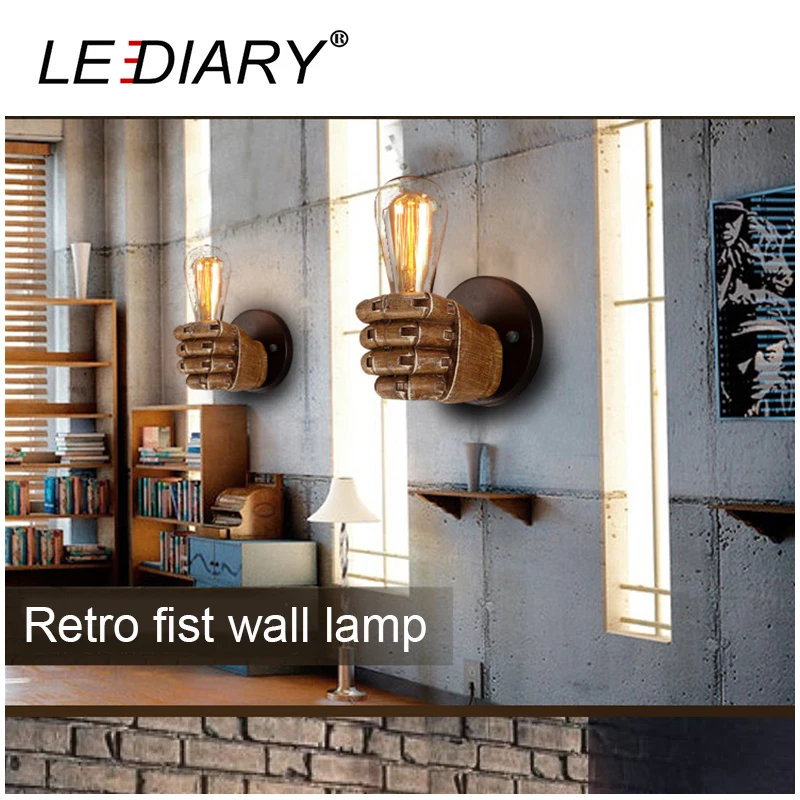 LEDIARY Creative Fist Shape Wall Lamp 110V/220V E27 Socket Resin Material Wooden Appearance Bedside/Stair/Corridor Lamp Antique