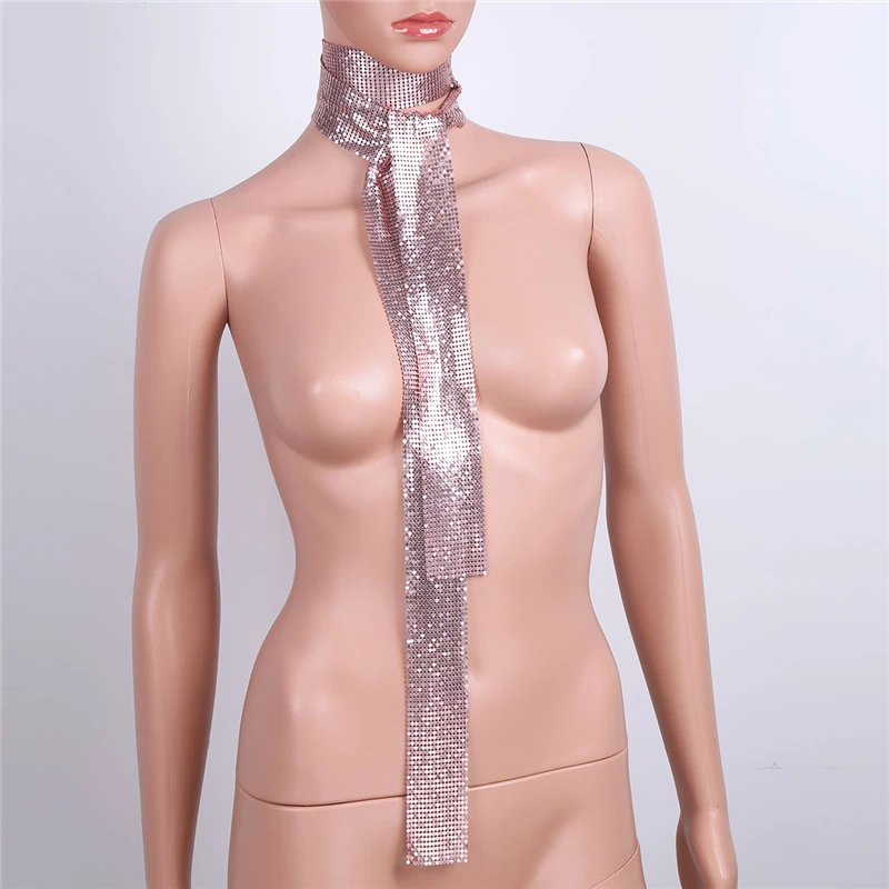 Женский модный тонкий длинный Блестящий металлический шарф с пайетками, галстук, очень длинный тонкий однотонный тонкий шарф - Цвет: Rose Gold