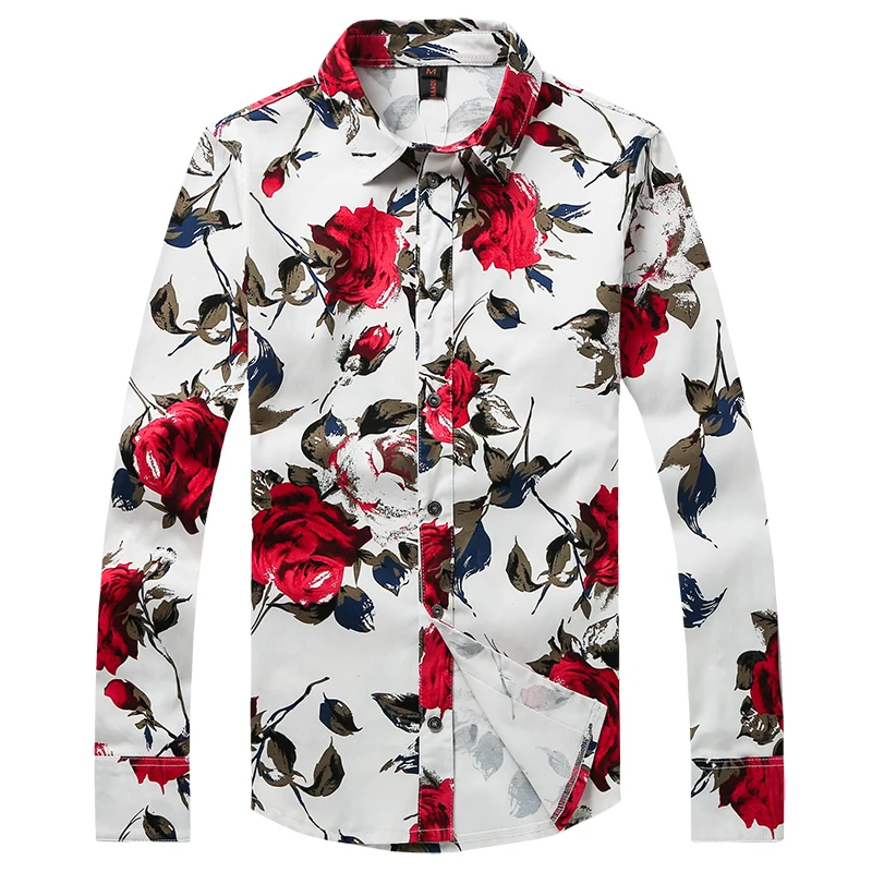 Casual Shirt for Men Red Floral brand Printed Shirts Fashion Shirt
