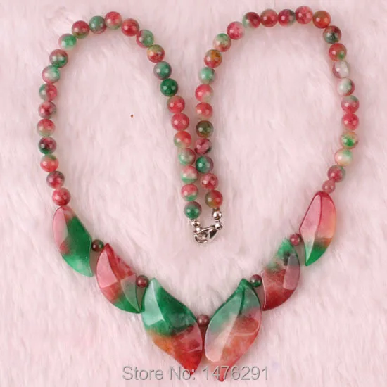 

Red Green Jades Leaves Bead Gems Necklace 18" Strand