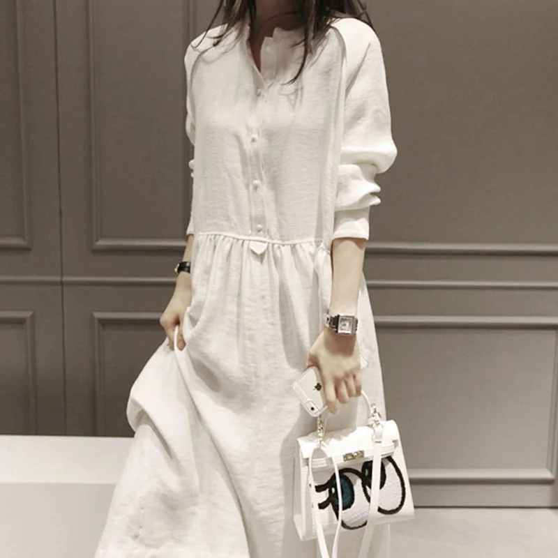 

Women Winter Autumn Dress Long Sleeve O Neck High Waist Vintage Dress Casual Loose Black White Cotton Long Dress