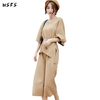

2 Piece Set Autumn Knitted Black Khaki Vneck Full Sleeve Sashes Ruffles Top Women Dress Wide Leg Pants Sexy Party Office Dress