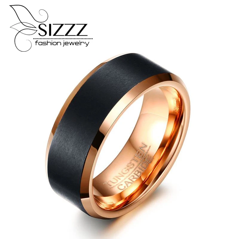 SIZZZ Tungsten Ring 8MM Wide Tungsten Steel Ring Black&Rose Gold Men's Ring Jewelryring jewelry
