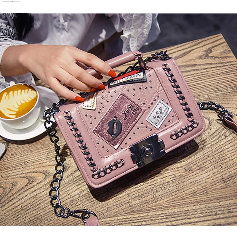 Women PU Leather Handbag Messenger Embroidery Rivets Lock Bags Tide National Wind Small Square Bag