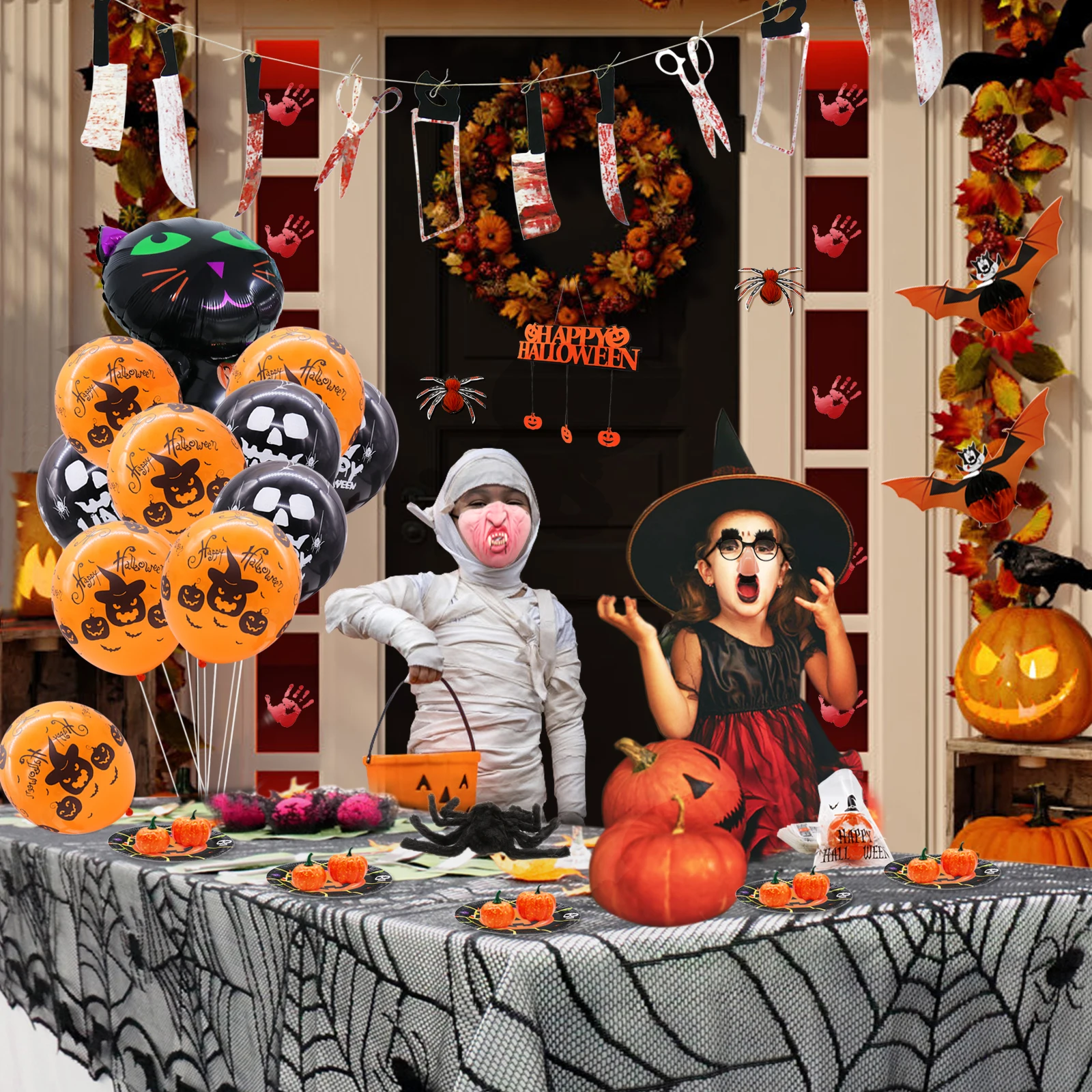 Вечерние украшения для дома на Хэллоуин; комплект для украшения на Хэллоуин; реквизит в стиле ужасов; Черная кружевная скатерть с привидениями; вечерние принадлежности