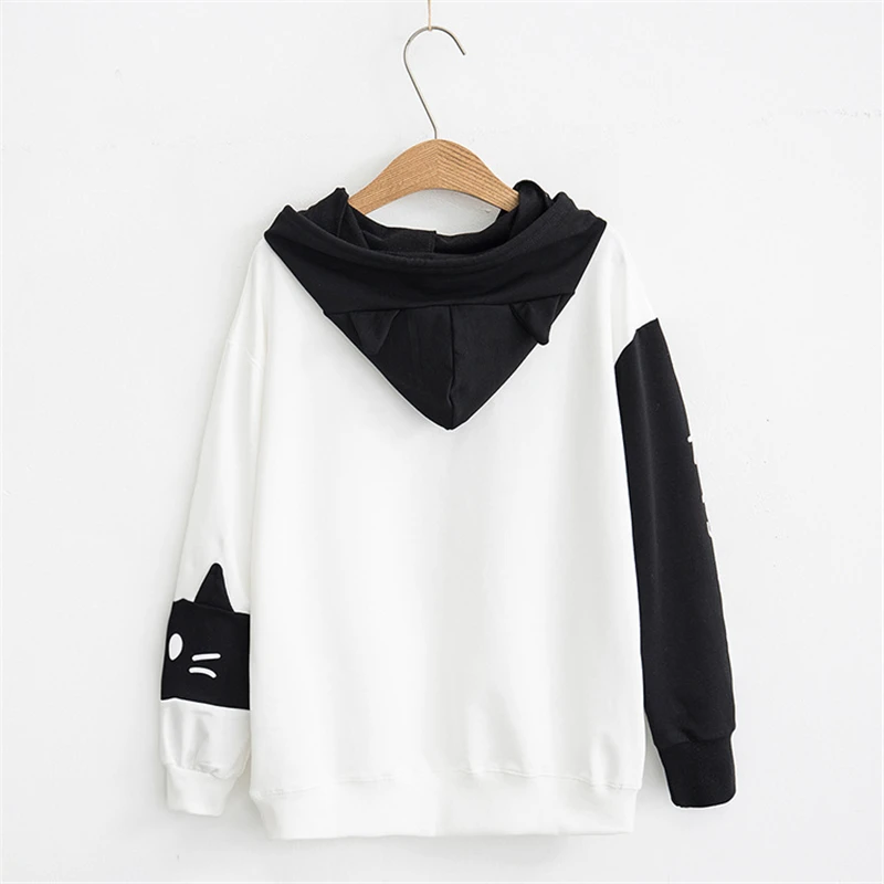 MERRY PRETTY Women Hooded Sweatshirts Fall Winter Long Sleeve Hit Color Pullover Femme Cartoon Cat