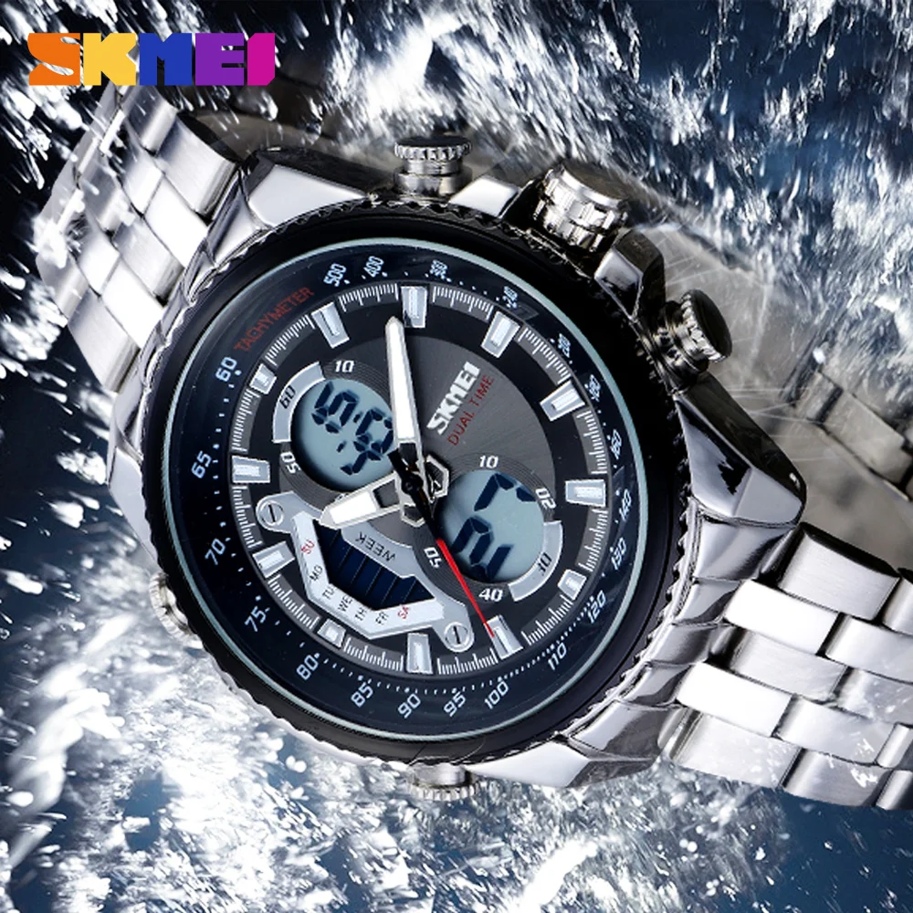 SKMEI Модные мужские спортивные часы с двойным дисплеем, аналоговые цифровые военные кварцевые электронные наручные часы, водонепроницаемые часы-хронограф