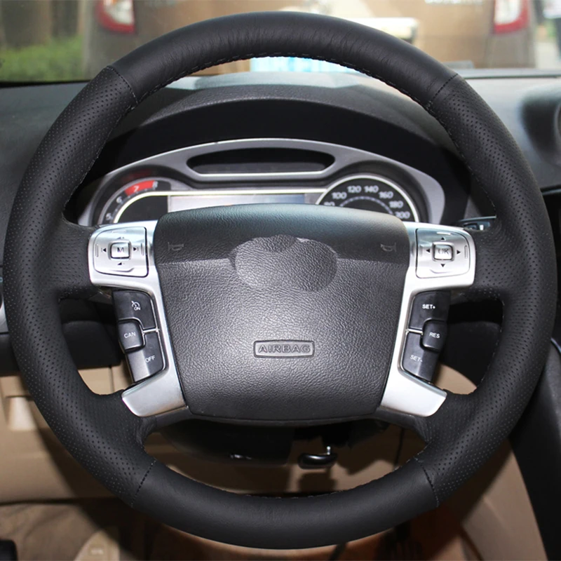 

Free Shipping High Quality cowhide Top Layer Leather handmade Sewing Steering wheel covers protect For Ford Mondeo MK4/S-MAX
