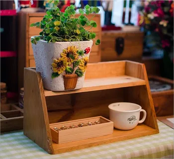 

Solid Wooden Shelf 2 Layers Vintage Style Home Storage Box Desktop Sundries Organizer Creative Wooden Flower Vase Holder