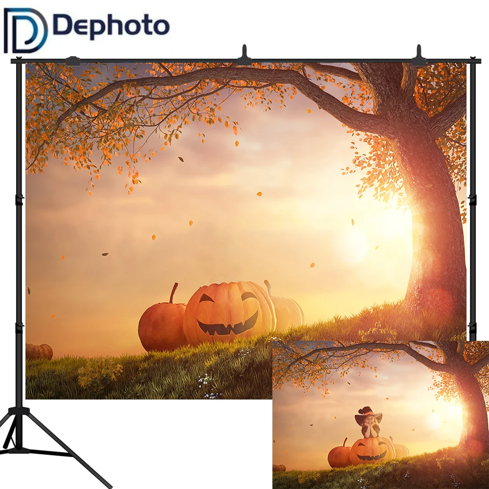 Dephoto Хэллоуин Тыква Осеннее дерево опавшие листья фотография фоны детвечерние