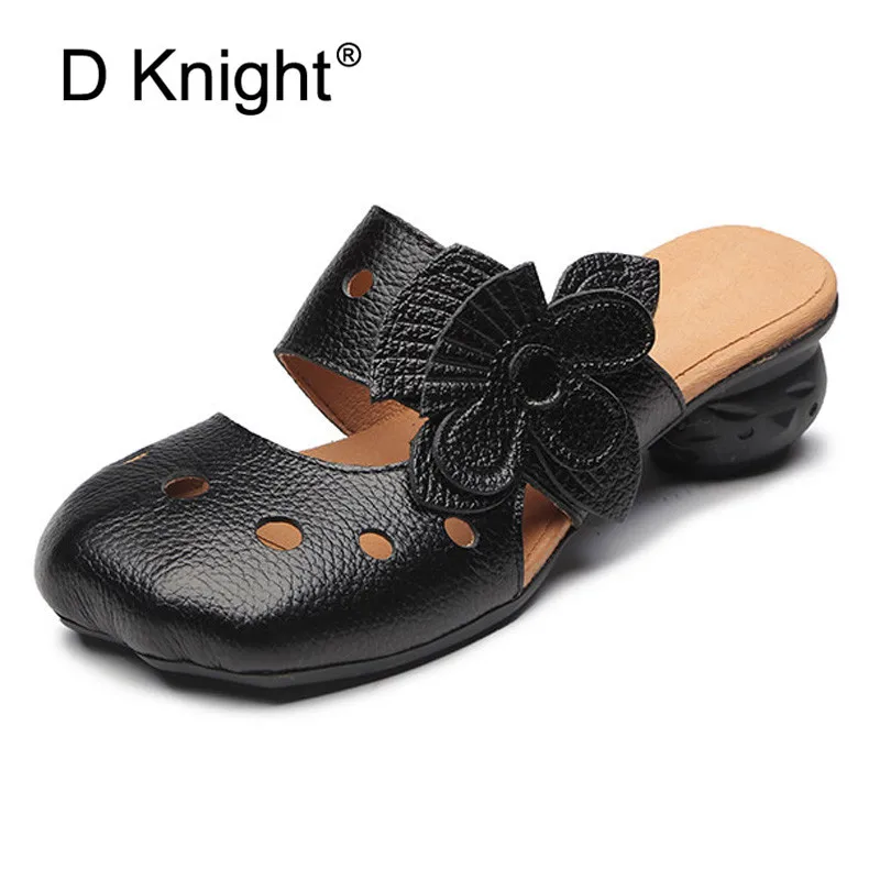 2018 Original Retro Handmade Women Slippers Summer Cow Leather Soft Bottom High Med Heels Slides Flower Hollow Out Female Sandal (1)