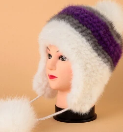 Роскошный дизайнерский натуральный норковый мех шапки бини элегантный карамельный цвет вязаный мех соболя женская зимняя шапка - Цвет: PUREPLE