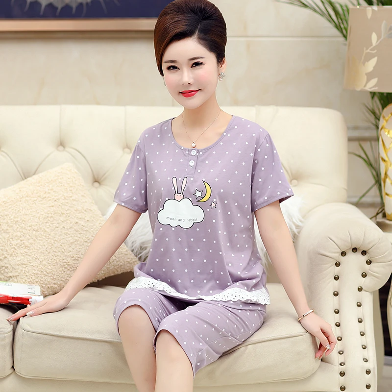 

Women Pajamas Set Lace Sleepwear Lingerie Female Cute Dot Purple Short Sleeve Tracksuit Plus SIze M - 4XL Women Pijama Mujer