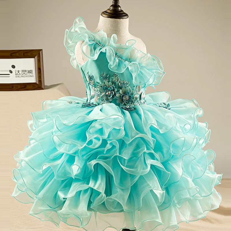 

Cloud Flower Girl Dress One Shoulder Princess Dresses Sleeveless Ball Gown Kids Girl Summer Dresses Evening Party Gown A113