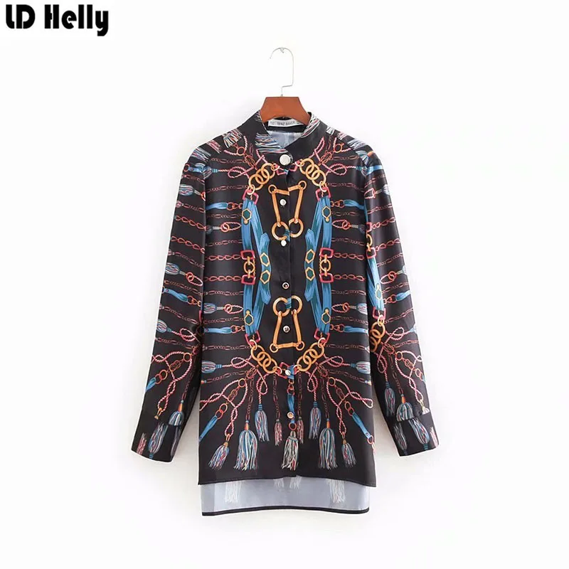 LD Helly Мода 2019 для женщин кисточкой цепи печатных длинная рубашка Топы корректирующие осень ретро Стенд воротник блузка с длинными рукавам