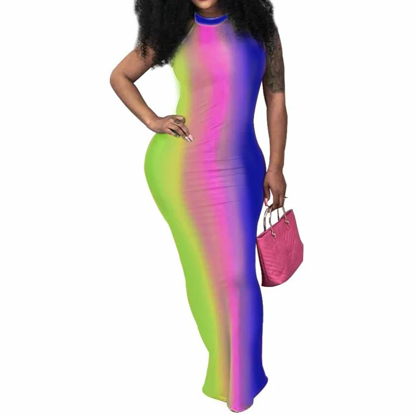 

Summer Bodycon Dresses Women 2018 Sexy Halter Sleeveless Backless Long Dress Casual Colorful Printing Clubwear Vestido