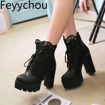 

Women Boots Winter New Pattern High-heeled Coarse Heel Martin Boots Platform Waterproof Thick Bottom Lace White Black Patchwork