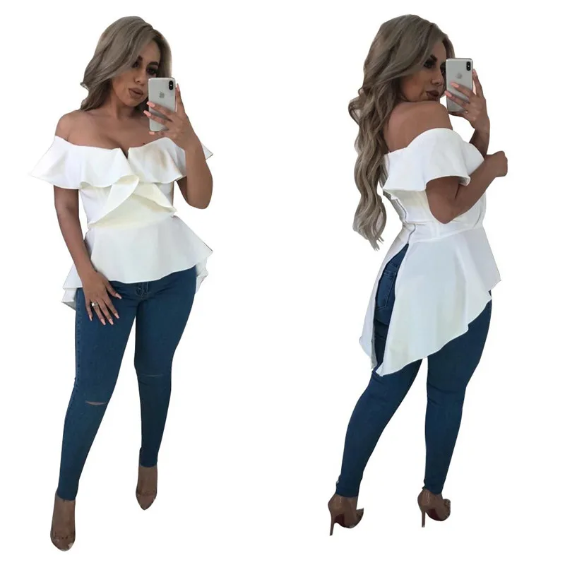 

Black Off The Shoulder Tops for Women Ruffle Shirt Short Sleeve Short Front Long Back Zipper Asymmetrical Tops Sexy Summer Tops
