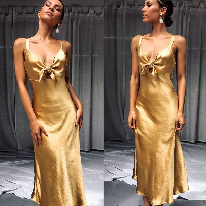 

BKLD V Neck Bow Sexy Party Dress Women Spaghetti Strap Backless Silk Satin Dress Elegant Spring Dress 2019 Fashion Beach Clothes