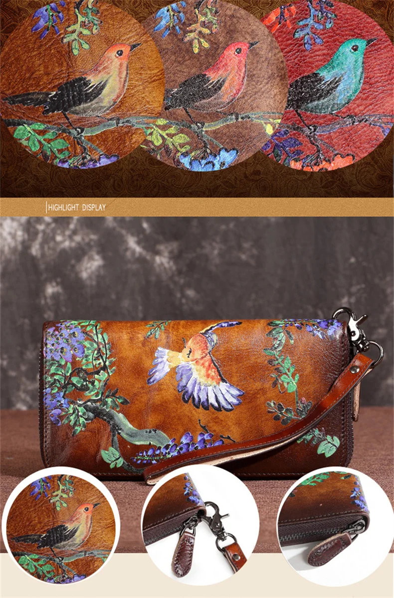 SOUTH GOOSE Genuine Leather Women Wallet Luxury Long Purse Birds Embossing Clutch Bag High Quality Female Card Holder Phone Bag