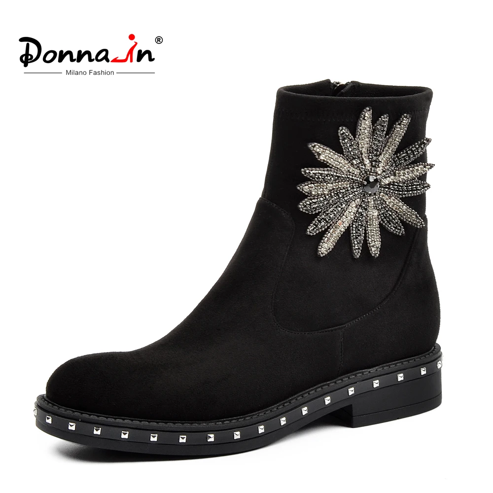 

Donna-in Brand Ankle Boots Women Genuine Leather Botas Low Heels Black Round Toe Drill Flower Zip Autumn Shoes for Women 2019
