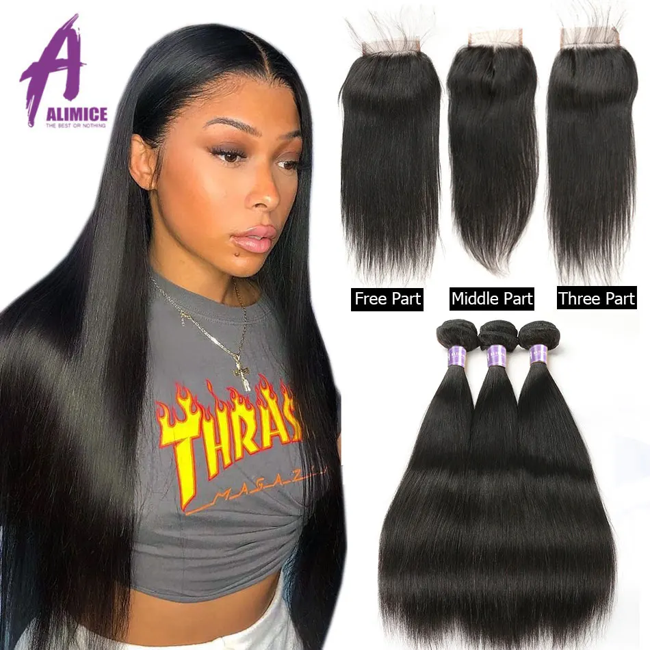 Alimice Hair Indian Straight Human Hair Bundles With Closure 3 Bundles Hair Extensions With Closure Natural Color Straight Hair