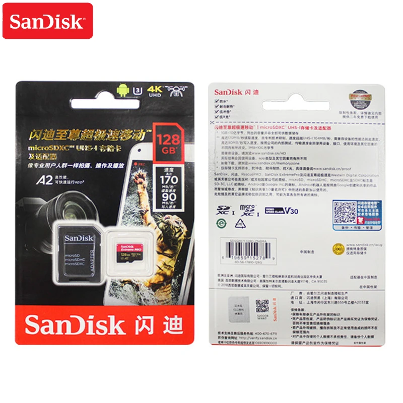 100% карта памяти Micro SD Extreme Pro Card до 170 МБ/с. A2 V30 U3 64 Гб 128 sandisk TF с адаптером SD|Карты