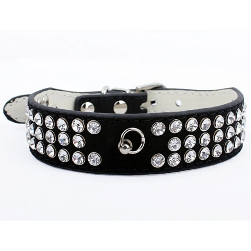 Black 3 Row Rhinestone Dog Collar Perro Diamante Pet Collars PU Leather