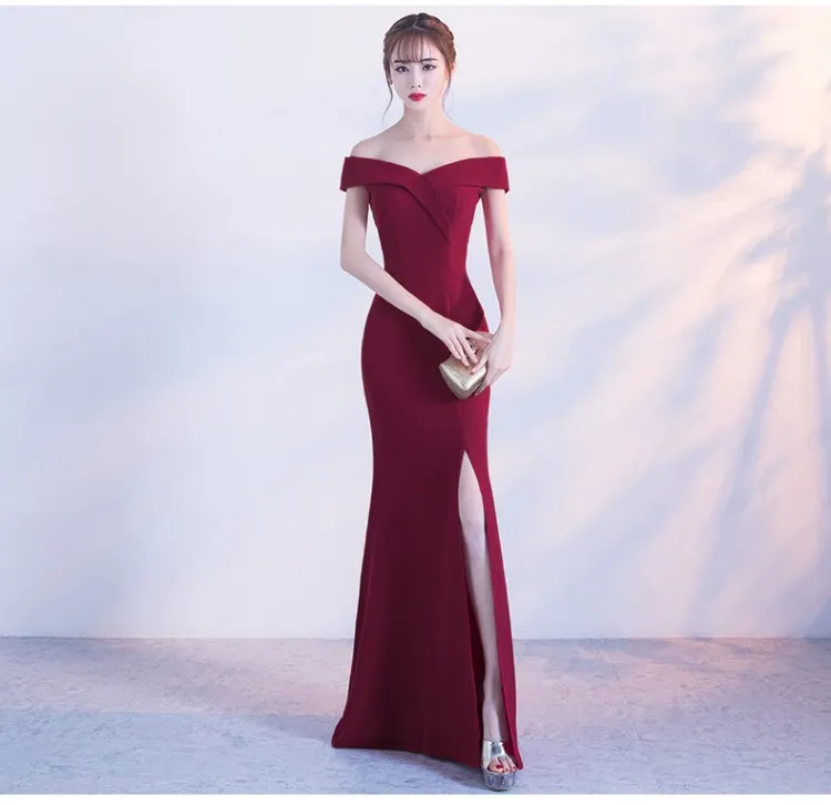 

Off Shoulder Burgundy evening dress girls wedding party Dress prom gown Dubai Long zipper bridal Dresses slit Robe De Soiree