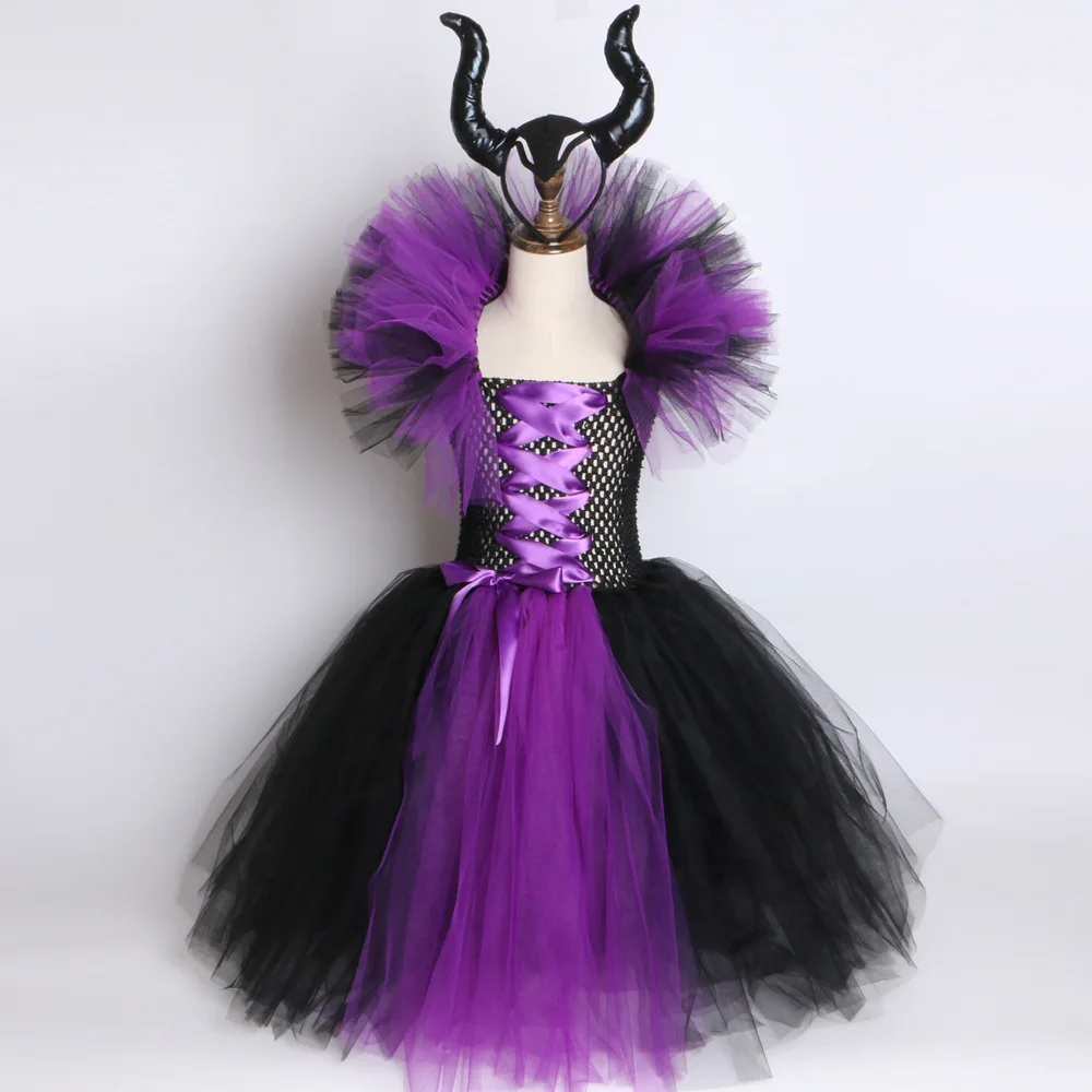 Maleficent/платье-пачка «злая королева» для девочек с рогами, костюм ведьмы для косплея для девочек, детское праздничное платье, детская одежда