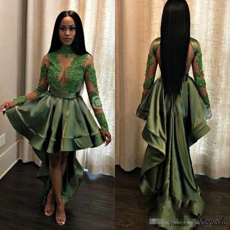 

2019 High-Low A-line Prom Dresses High Neck Long Sleeve Beaded Green Satin Party Gowns see through evening dress