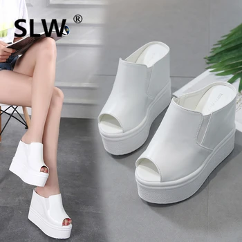 

Peep Toe Increased Internal Shoes Without Heel Slippers Women Summer On A Wedge Platform Heeled Mules Slides Flat Heels Sliders