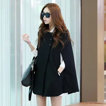 

2018 New Korean Version Woman's Cloak Woolen Short Bat Sleeved Coat Solid Black Office Lady Clothing with Single Breasted DY47