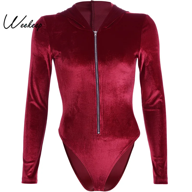 Weekeep Hooded Bodycon Long Sleeve Bodysuit Women Front Zipper Velvet