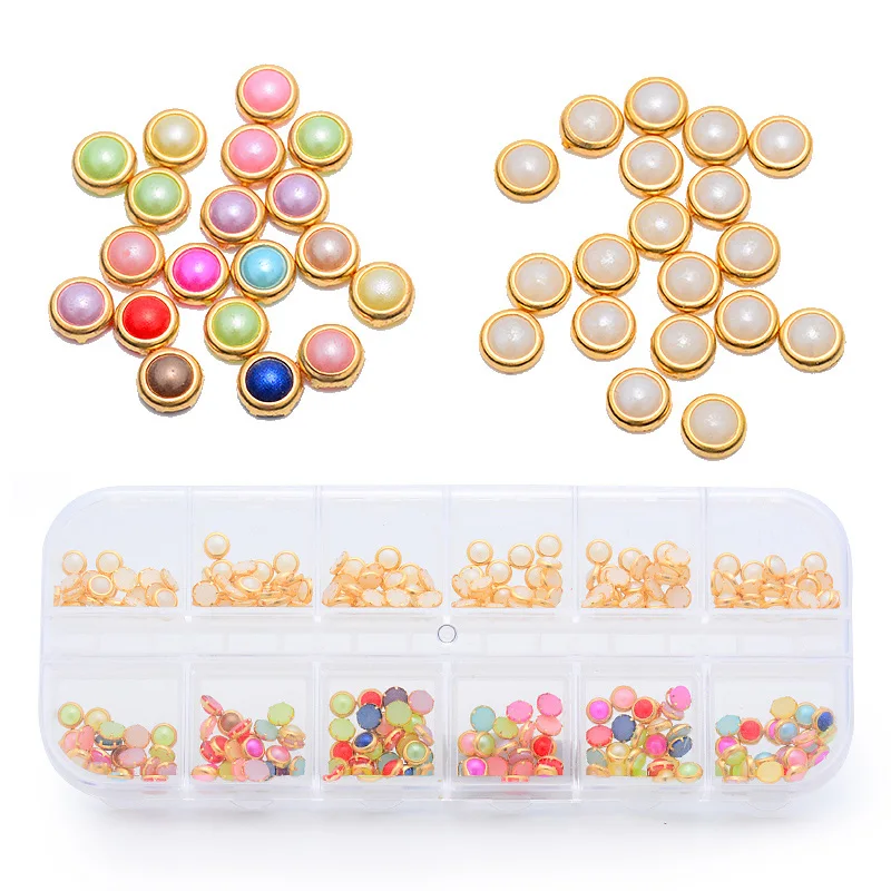 

1 Box Nail Art Colorful AB Color Beige Metal Edge 3D Flat Back Glitter Imitation Pearl Beads Studs Charm Decorations Accessories