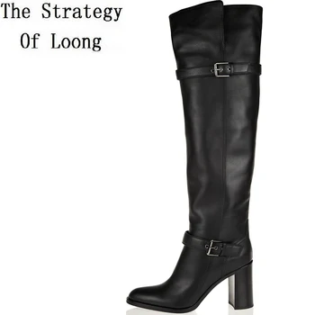 

Women Winter Buckle Genuine Leather Thick High Heels Boots Real Leather Pointed Toe Over The Knee Long Boots Plus Size EU 44 45