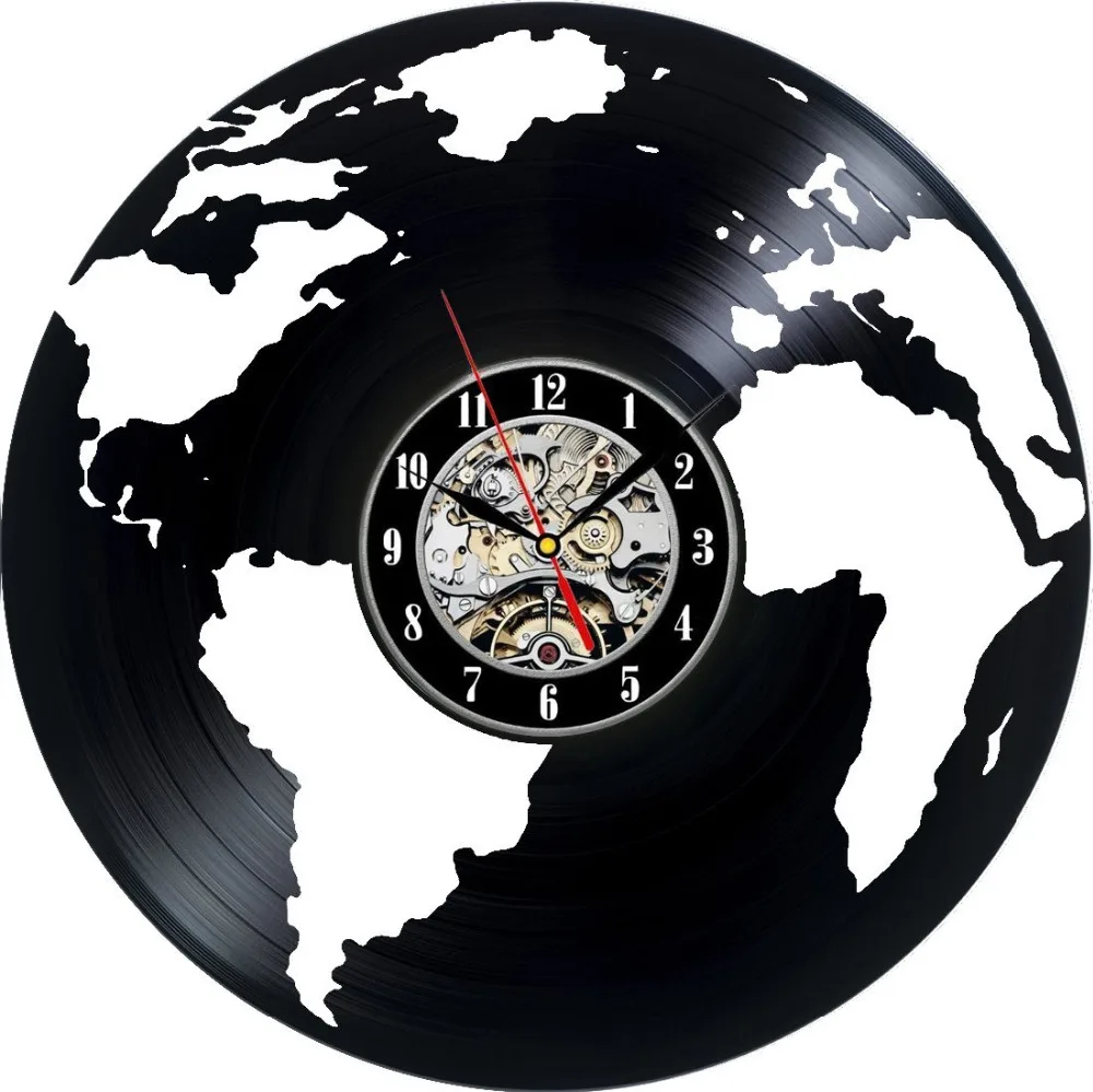 Earth Globe Map World Travel New Vinyl Record Design Wall Clock Decor