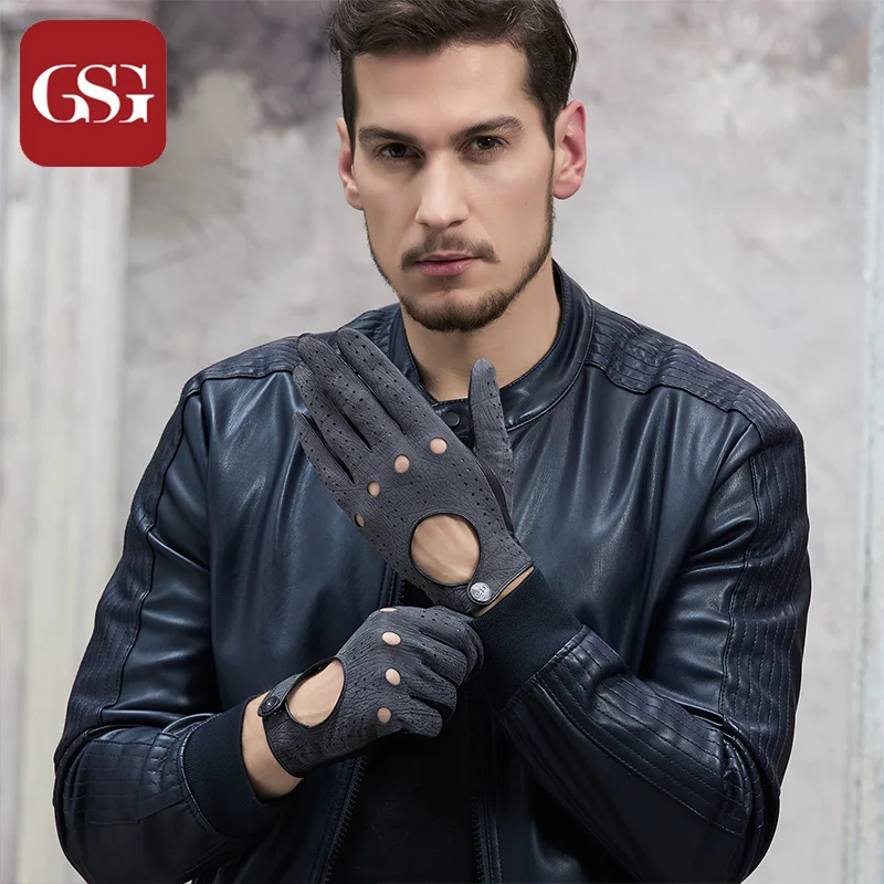 GSG Mens Unlined Sheepskin Leather Gloves Touchscreen Natural Stripes