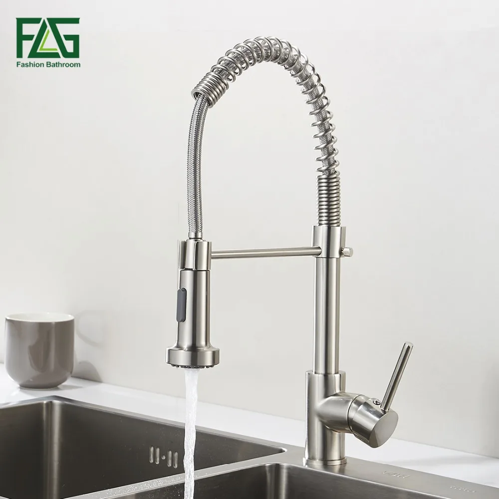  Spring Style Kitchen Faucet Brushed Nickel Faucet Pull Out Torneira All Around Rotate Swivel 2-Func - 32678162566