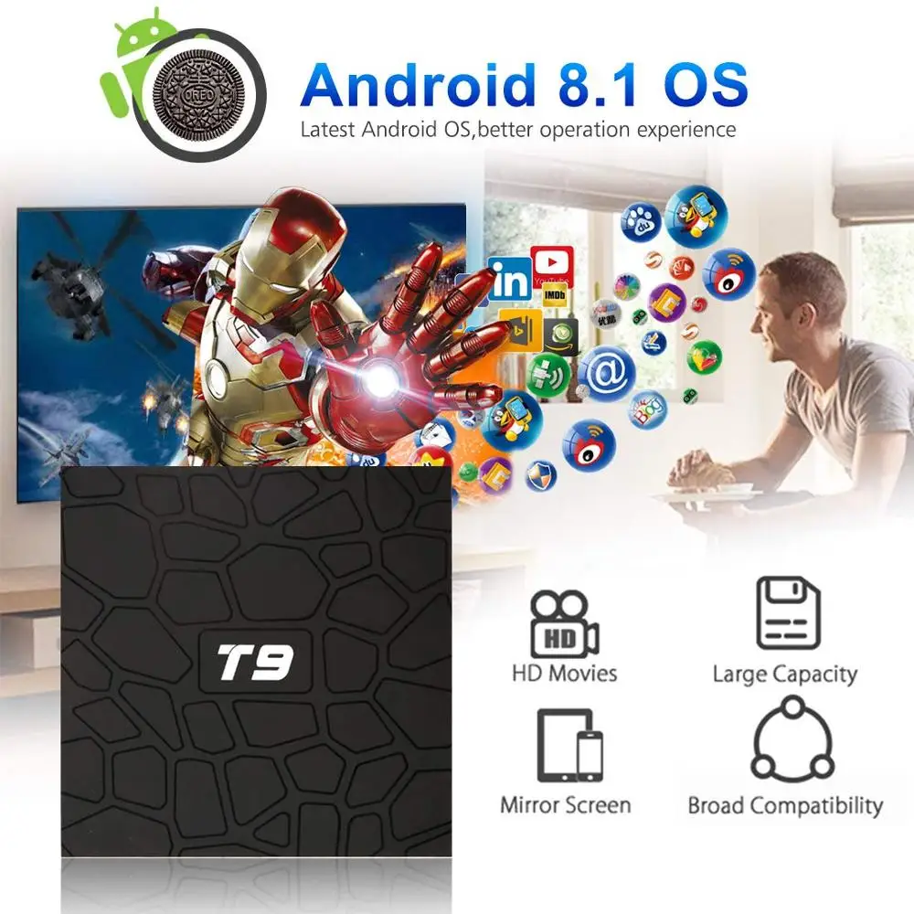 Smart TV Box Android Bluetooth WIFI 2.4G Set-Top Boxes T9 RK3328 Quad-Core 4G/32G Android Smart TV Box Media Player IPTV Canada