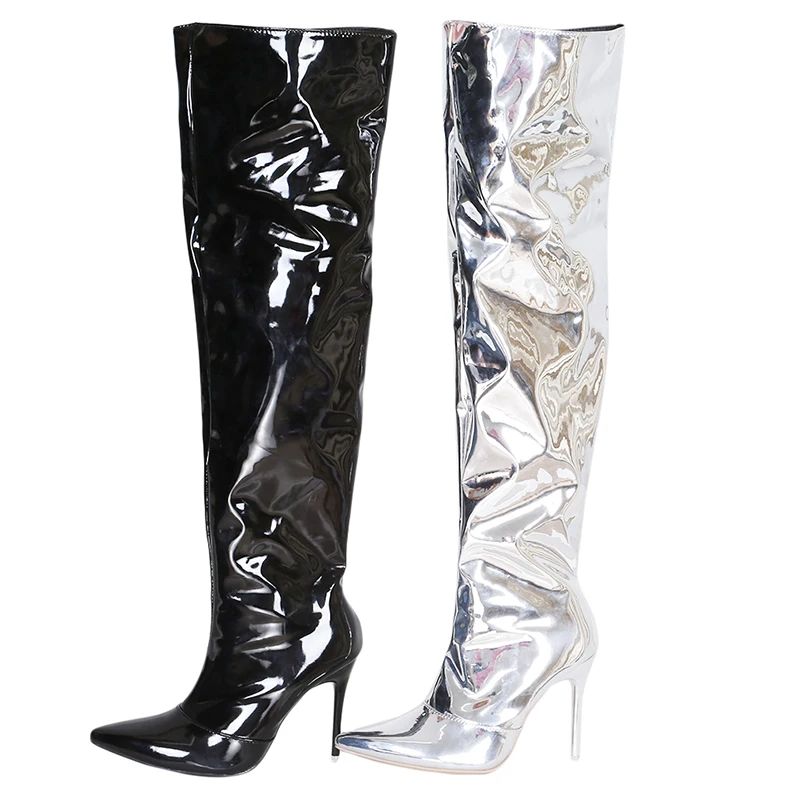 Зеркальные Женские Сапоги выше колена из искусственной кожи; сапоги с острым носком на очень высоком каблуке; женская обувь; новая зимняя теплая обувь размера плюс